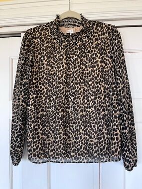J. Crew Leopard Print Ruffle-Neck Long Sleeve Blouse - Tan & Black